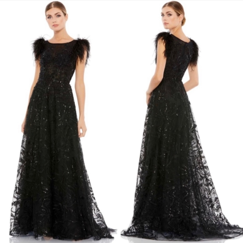 Mac duggal feather sequin gown